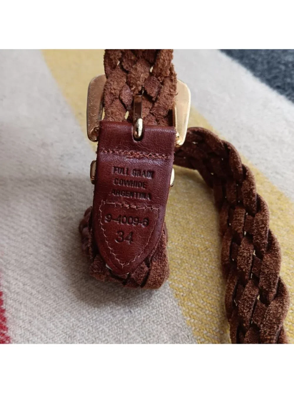 Vntage Boho 34W Braided Full Grain Leather Belt Argentina Brown Brass Buckle
